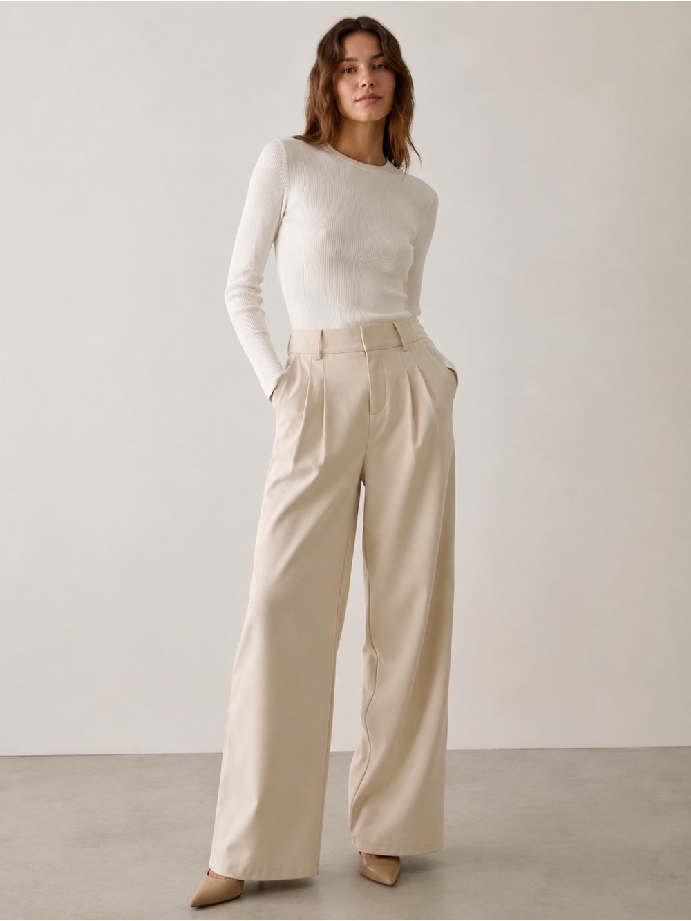 NWT NiMin High Rise Pleated Wide Leg Trousers Beige Size M